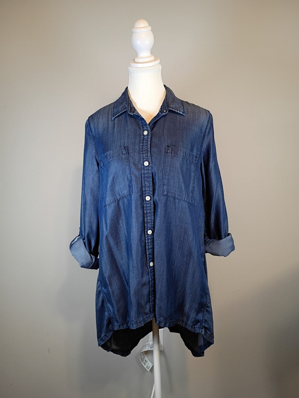 Pure DKNY Women Small Size Lyocell Button-Down Roll-up Tunic Shirt Blouse
